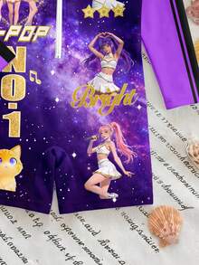 SHEIN 少女卡通印花撞色梦幻星空休闲长袖连体泳衣 - 彩色 - 查看 5