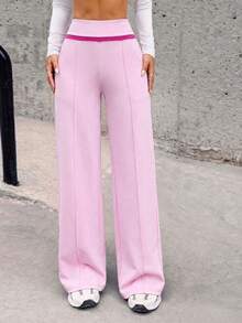 Seamluxe SHEIN Sport 女士高腰直筒休闲裤，带口袋，户外运动跑步健身休闲裤 - 粉色 - 查看 4