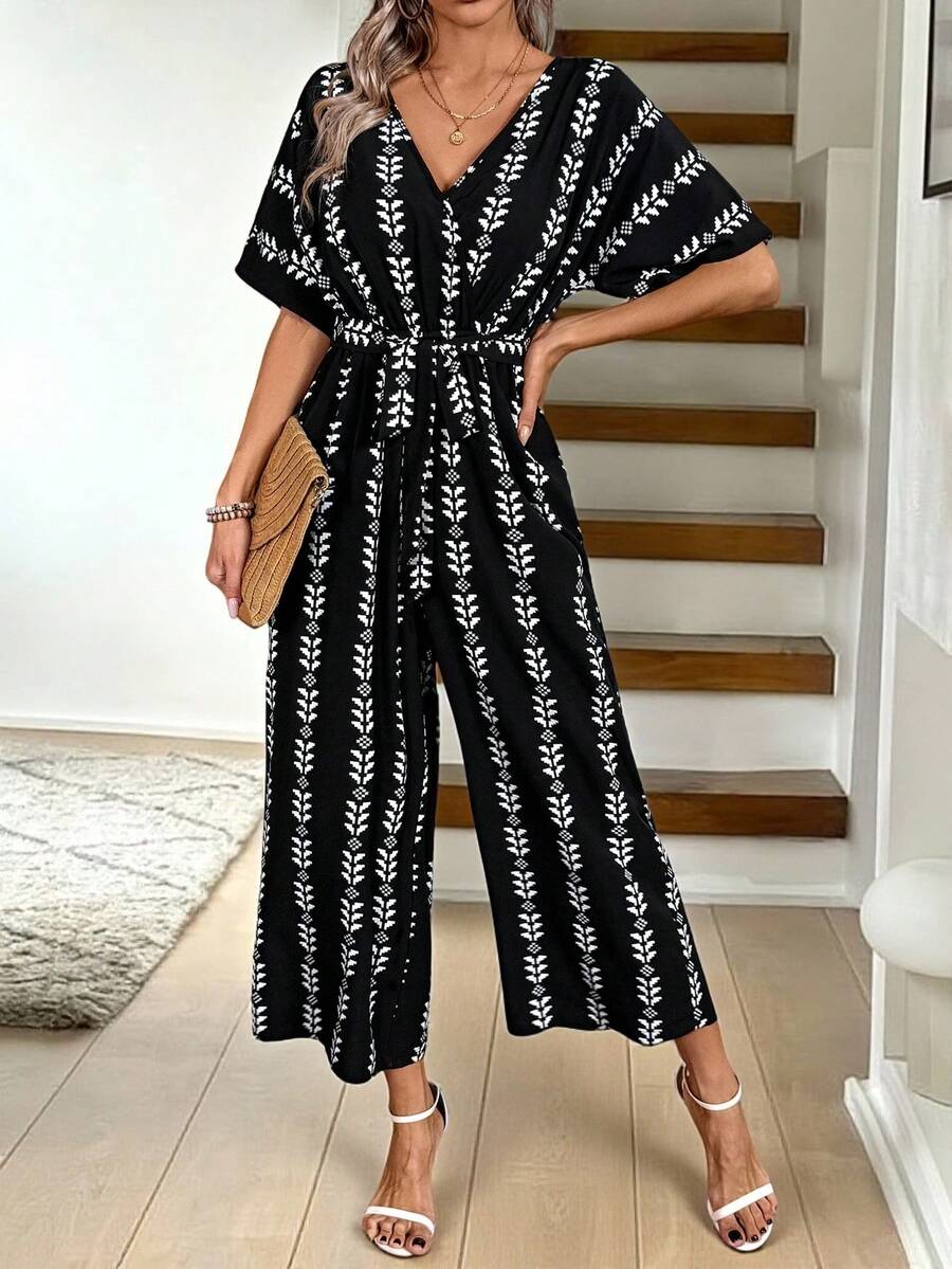 Women V-Neck Full Printed Jumpsuit,Casual - Black - View 1
