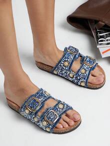 SHUZIA Women's Casual Comfy Mesh Slip-On Flat Sandals - Blue - View 4