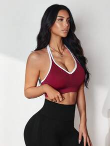 Slayform Áo ngực thể thao nữ mùa hè có viền nhún, không lưng, kiểu racerback - Hồng - Xem 5