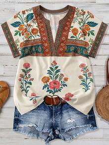 Linhara Áo kiểu nữ cỡ lớn cổ chữ V tay ngắn phối màu, họa tiết patchwork, kẻ sọc, phong cách vintage đa năng, thích hợp cho kỳ nghỉ, hẹn hò, mặc hàng ngày, mẫu mới mùa xuân/hè. - Nhiều màu - Xem 3