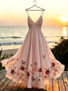 SHEIN Franclia Đầm nữ mới cổ chữ V, dây mảnh, họa tiết bướm và hoa, dáng xòe eo. - Màu Hồng baby - Xem 2
