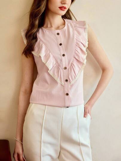 Vintamour Vintage Floral Casual Shirt For Women, Spring/Summer Fitted Ruffle Collar Button Down Shirt, Light Pink Sleeveless Vest Shirt