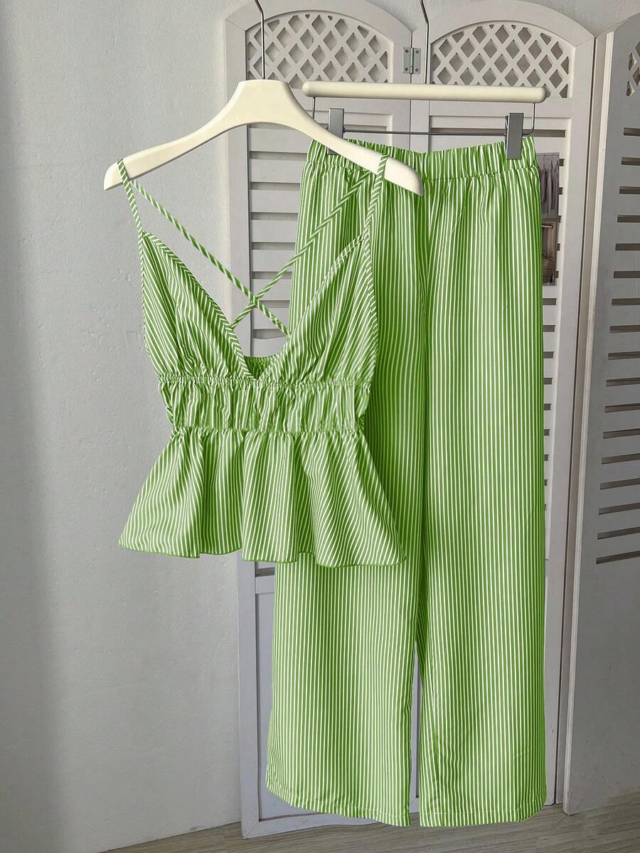 Franclia Plus Size Striped Print Camisole And Elastic Waist Pants Casual 2 Pieces Set - Green - View 1