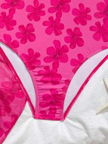 SHEIN Teen Girls' 1-Piece Leopard Floral Print Adjustable Strap Swimsuit With Leopard Floral Mesh Skirt 2-Piece Set - Multicolor - View 4