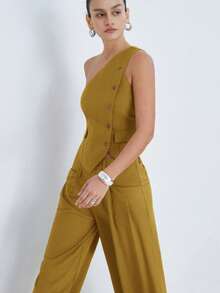 Aveloria Modichic Standard Size Solid Color Asymmetric Collar Sleeveless Vest And Wide Leg Pants Casual Elegant Suit Set Work Mustard Yellow Summer - Coffee Brown - View 6