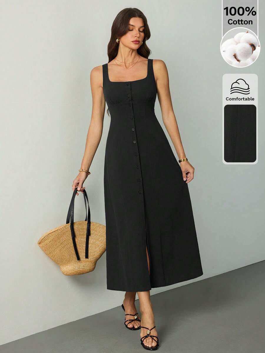 SHEIN Tall 方领褶裥胸罩杯高开衩露背蝴蝶结腰部A字中长连衣裙，采用精梳棉面料，休闲度假优雅外出连衣裙，修身连衣裙 - 黑色 - 查看 1