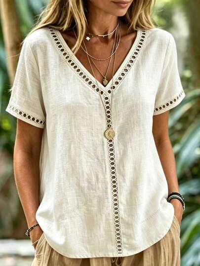 Balvessa Women's Solid Color V-Neck Hollow Casual Short Sleeve Blouse
