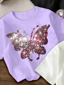 Set de 3 camisetas básicas de mujer y niña con estampados gráficos de mariposa, flor, gato y corazón con brillantes de cristal, de estilo casual y minimalista, en colores negro/morado/blanco, cómodas para uso diario, apropiadas para primavera, verano y otoño - Multicolor - Ver 3