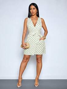 SOLERSUN Women's Vintage All-Over Print Sleeveless Tie-Back Waist Cinching Mini Dress, Elegant For Everyday, Dates, Afternoon Tea, Gatherings, Graduation, Commute, Office, Vacation Mint Green Dresses For Women - Green - View 3