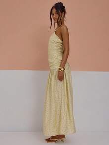 MUSERA V Plunge Ruched Front Flowy Polka Dot Thin Strap Maxi Dress Sexy Cute Spring Summer Holiday Vacation Going Out Girly Cool Girl Late Checkout - Champagne - View 3