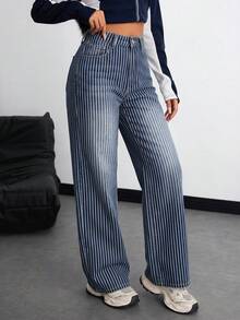 SHEIN ICON 女士高腰条纹口袋宽松休闲牛仔裤 - 深色水洗藍 - 查看 6