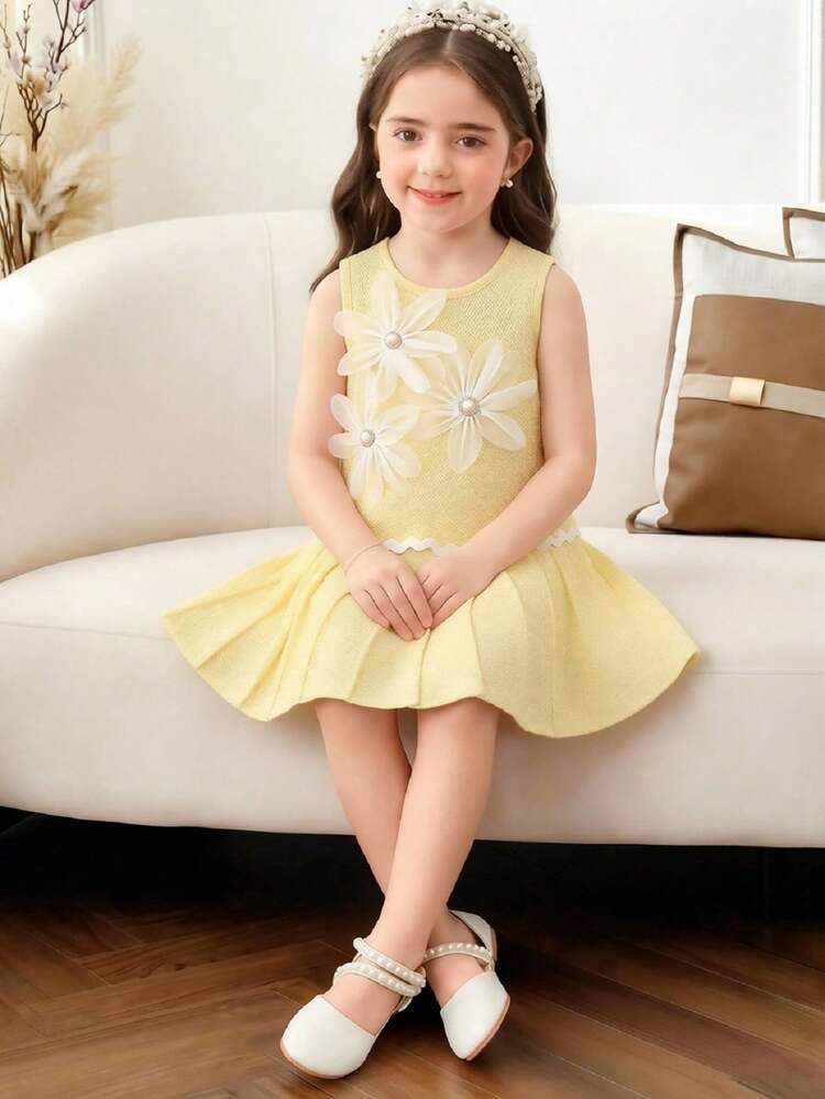 Elladie kids Bộ 2 món cho bé gái, gồm áo vest cổ hoa 3D đính ngọc trai dễ thương, thanh lịch và chân váy xếp ly ngắn, thích hợp mặc hàng ngày, đi làm, đi nghỉ mát và các dịp khác, mùa hè. - Màu vàng - Xem 4