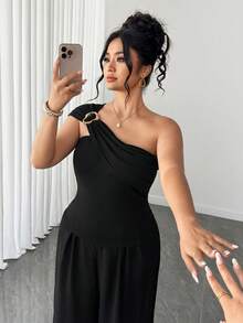 SHEIN Clasi Setelan Kasual 2 Potong Wanita Ukuran Besar Warna Polos dengan Hiasan Logam di Bahu dan Celana Panjang Lebar, Cocok untuk Olahraga, Musim Panas, Warna Cokelat. - Hitam - View 3