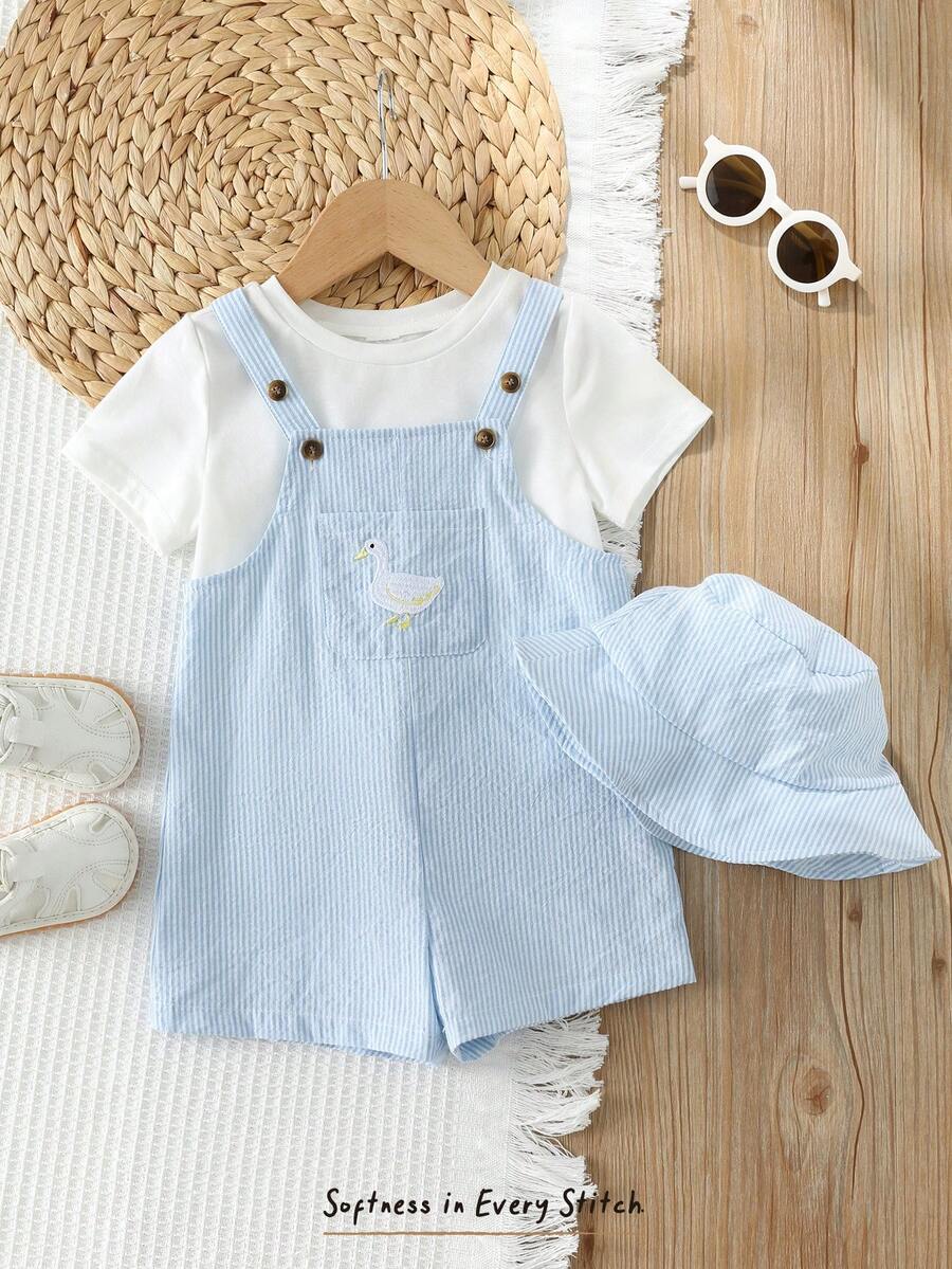 Cozy Pixies Bộ 2 món cho bé trai mùa hè, kiểu dáng thường ngày, thích hợp đi nghỉ mát và du lịch, gồm quần yếm và mũ in họa tiết vịt hoạt hình dễ thương, kẻ sọc. - Xanh và trắng - Xem 1