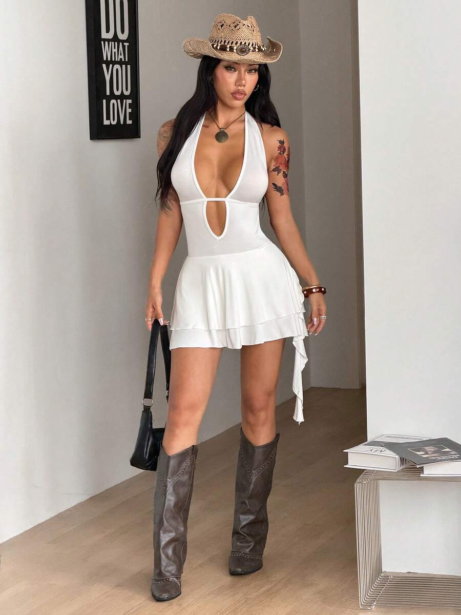 Coolane Women's Summer Streetwear Sexy Rave Pool Party Casual Vacation Boho Date Night Club Night Out Music Festival Stretchy White Deep V-Neck Mini Dress - White - View 1