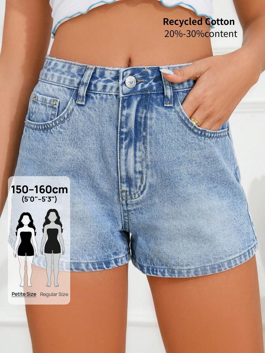 SHEIN PETITE 女士休闲日常水洗牛仔短裤，斜插口袋，夏季 - 藍色 - 查看 1
