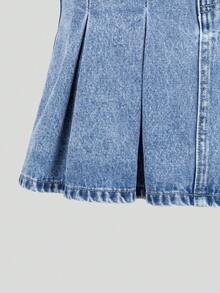 SHEIN 女童牛仔A字裙，夏季新品，浅复古牛仔蓝，松紧腰，时尚百褶裙，修身剪裁，适合日常、度假、上学、通勤、户外活动等多种场合。 - 藍色 - 查看 5