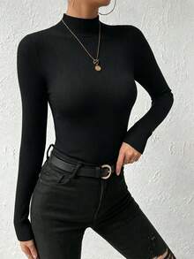 SHEIN Plus Size Women Solid Color Stand Collar Long Sleeve Slim Fit Top Gym Brown Autumn - Black - View 3