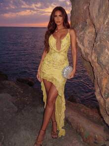SHEIN Allurite French Retro Yellow Summer 70s Holiday Night Party Embroidered Mesh Draped Neck Spaghetti Strap Backless Slim Irregular Ruffle Hem Elegant Dress - Yellow - View 3