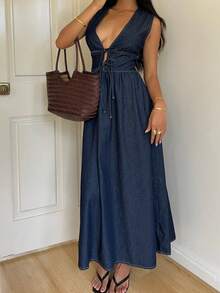 SHEIN Tall Đầm denim không tay cổ chữ V sâu gợi cảm dành cho nữ, thắt dây. - Rửa tối - Xem 4