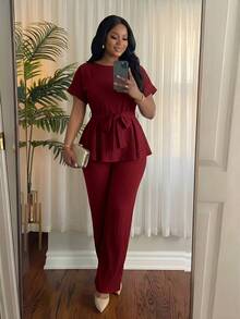 SHEIN Lady Conjunto informal de 2 piezas de pantalón y blusa de manga corta con cuello redondo de unicolor para mujer de talla grande - Burdeos - Ver 3