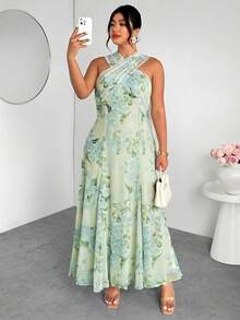 Firerie Plus Size Light Green Summer Elegant Wedding Guest Flower Dress For Women,Comfortable Sheer Flowy Elastic Versatile Casual Vacation Party Beach Dress - Multicolor - View 5