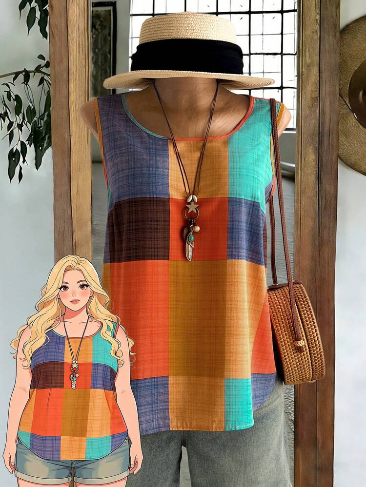Plus Size Colorful Plaid Sleeveless Top, Casual Holiday Wear Summer Summer Outfits Spring Clothing Spring Outfit Festival Outfits For Women Beach Outfit For Women Vacation Outfits Women Holiday Outfits For Women Summer Holiday Outfits Country Concert Outfit Women's Country Clothing