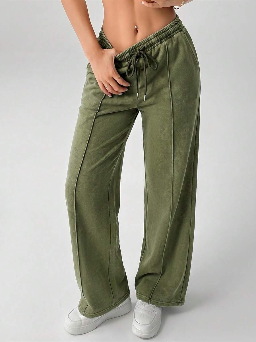 SHEIN PETITE Snow-Washed Women's Drawstring Wide Leg Sweatpants - Olive Green - View 1