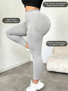 Rhythm Era Plus Size Women's Letter Waistband Sports Tight Leggings - Light Grey - View 3