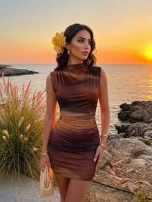 Firerie Women's Pleated Color Block Elegant Waist Fitted Mini Dress, Suitable For Dates And Outings - Brown - View 3