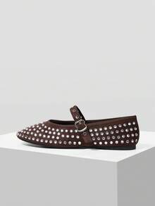 Mnmlis Women's Rhinestone Buckle Shiny Flat Casual Shoes - Coffee Brown - View 2