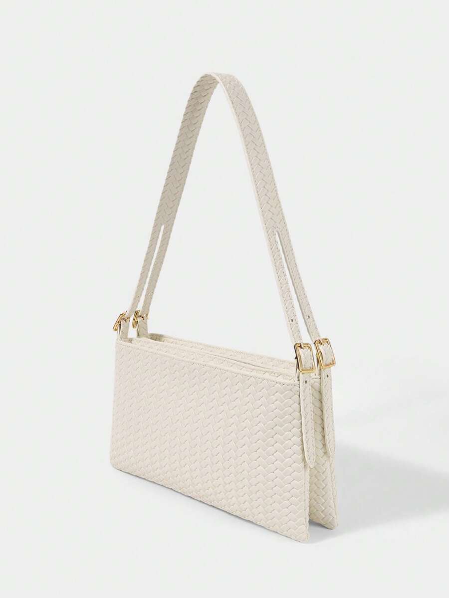 SHECARRY Women's Fashion Beige Shoulder Bag, Exquisite Simple And Versatile, Double Pockets, Woven Square Bag, Suitable For Daily, Commuting, Shopping, Dating, Vacation - White - View 1