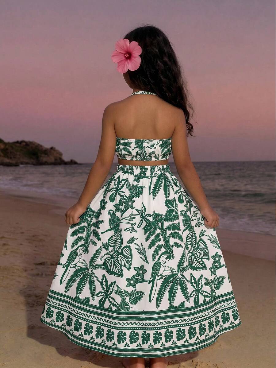 1pc Tween Girls' Green Pattern Woven Print Halter Front Short Back Long Dress, Fashionable For Summer Vacation And Party - Green - View 1