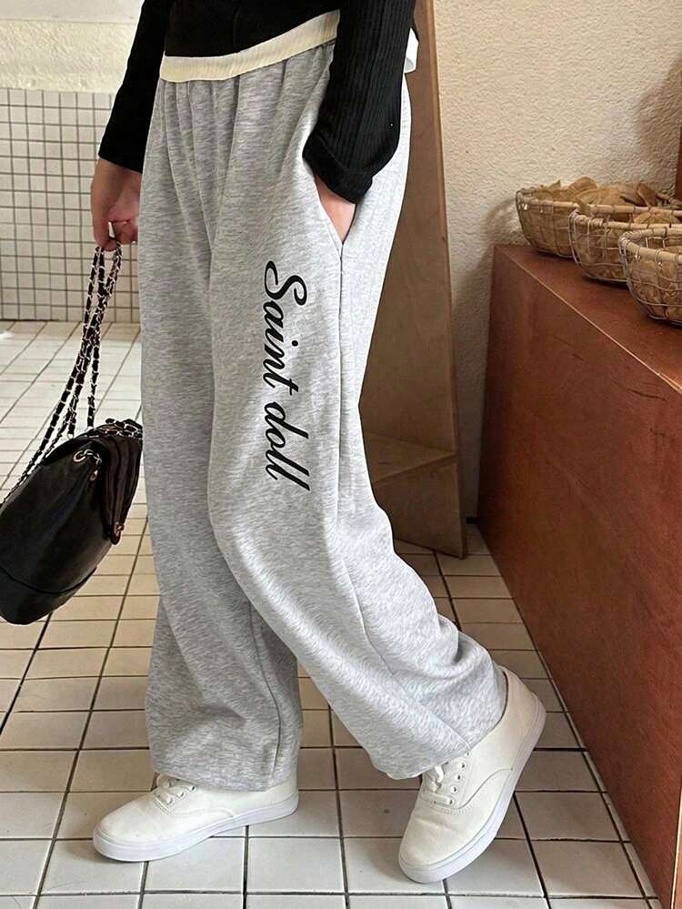 Tween Girl Letter Print Fleece Sweatpants, Fall