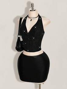 SHEIN ICON 女士夏季街头性感水钻露背吊带紧身短款背心 - 黑色 - 查看 5