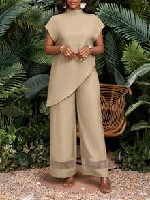 SHEIN Lady Bộ đồ đôi nữ cỡ lớn màu trơn cổ đứng vạt bất đối xứng gồm áo và quần ống rộng, kiểu dáng thường ngày. - Màu Khaki - Xem 4