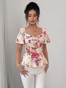 Elenzga Elegant Romantic Printed Ruffle Collar Fitted Women Blouse - Multicolor - View 5