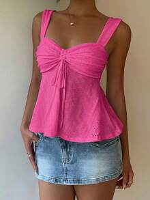 MainGRL Women's Summer Fuchsia Casual Hollow Out Embroidered Front Drawstring Tank Top,Summer Top - Hot Pink - View 4