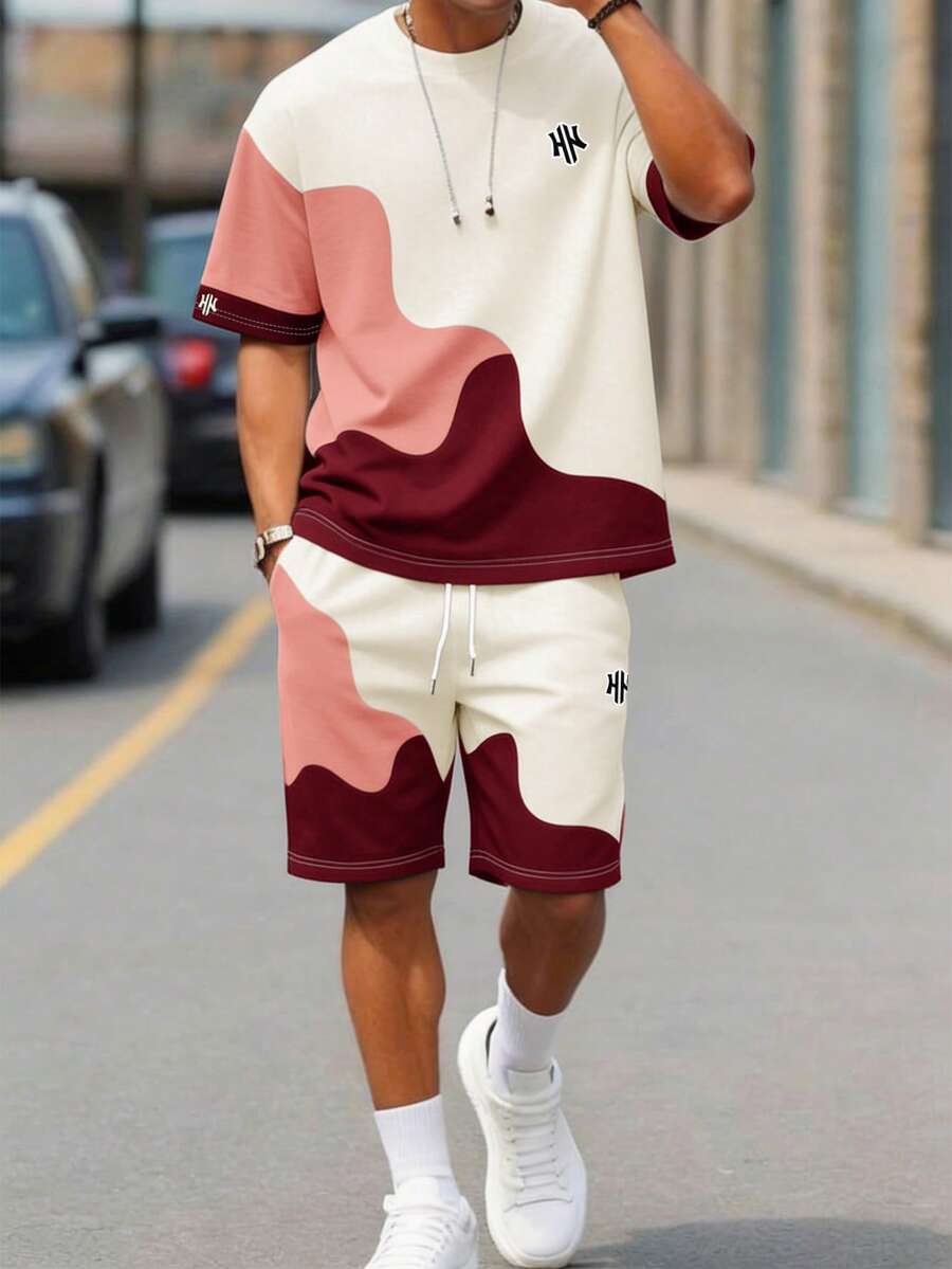 Sorvial Men's Casual Fashion Street Daily Commute Letter Print Contrast Color Dropped Shoulder Loose T-Shirt And Drawstring Waist Shorts Set, Summer - Multicolor - View 1