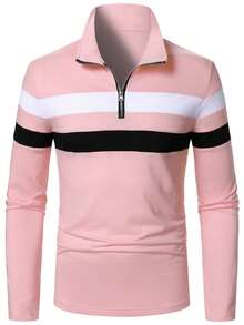 Manfinity Homme 男士休閒對比色四分之一拉鍊長袖 Polo 衫，正式款 - 彩色 - 查看 4
