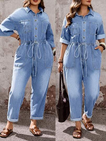 EMERY ROSE Mature Denim Plus Size Women's Drop Shoulder Button Half Placket Casual Non-Stretch Denim Jumpsuit