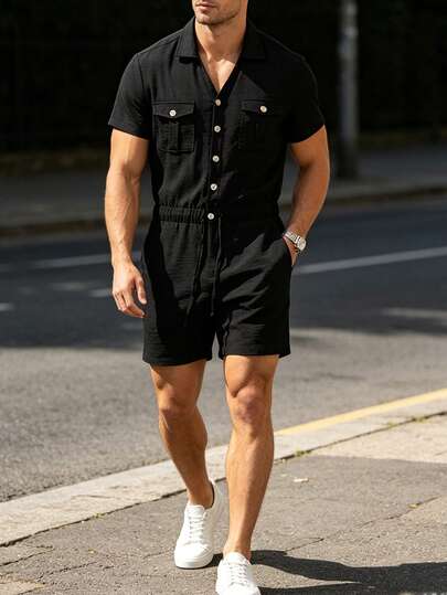 Manfinity Homme Pantalones cortos con peto casuales negros para hombre, adecuados para primavera y verano