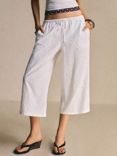 Poéselle Women's Solid Color Hollow Out Embroidery Drawstring Waist Capri Pants, Vacation