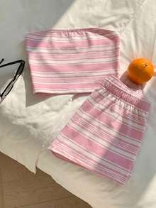 Comfortcana Bộ áo quây và quần short kẻ sọc tương phản kiểu vintage dành cho nữ, thích hợp mặc đi biển, dạo phố, ở sân bay và ở nhà. - Nhiều màu - Xem 8