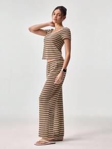 Loungeista Comfortable & Fashionable Striped Crew Neck Short Sleeve Loungewear Setfor Summer - Brown - View 4