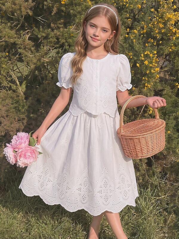 SHEIN Tween Girl White Embroidered Puff Sleeve Top And Skirt Outfit,Tropical Summer Vacation Set,Outdoor Birthday Party Holiday Performance Photo Shoot