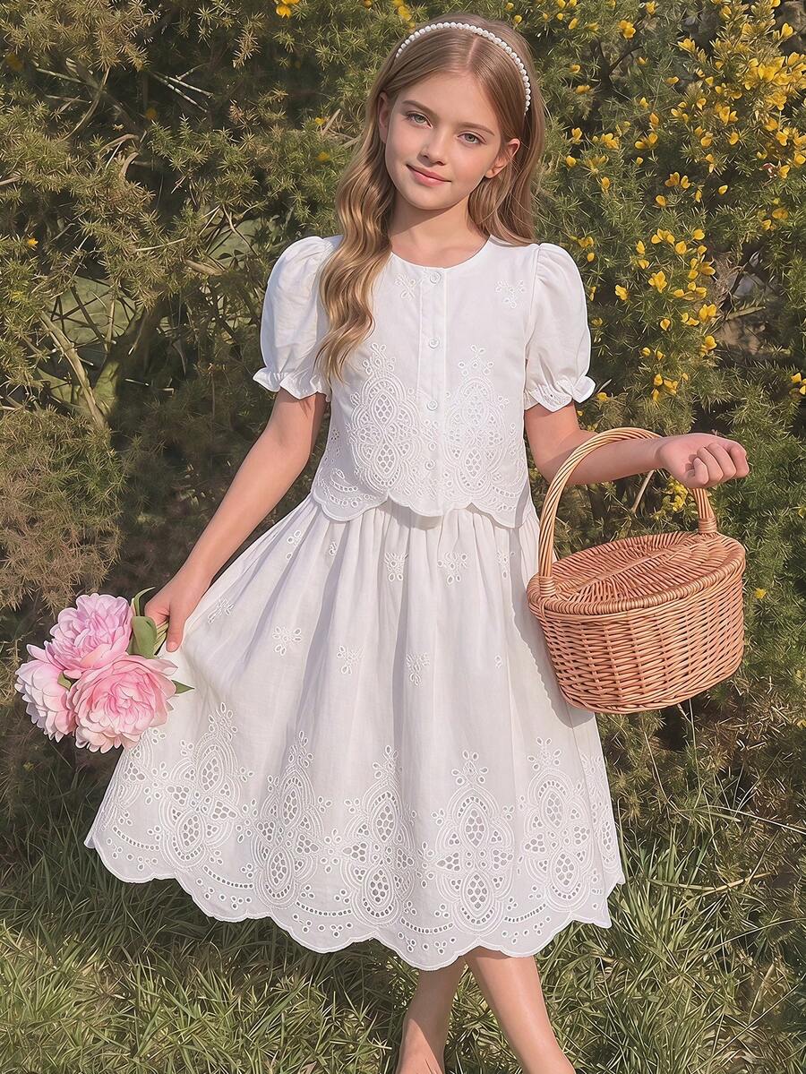 SHEIN 少女白色刺繡泡泡袖上衣與裙子套裝,熱帶夏季度假套裝,適合戶外生日派對、假期表演、拍照拍攝 - 白色 - 查看 1