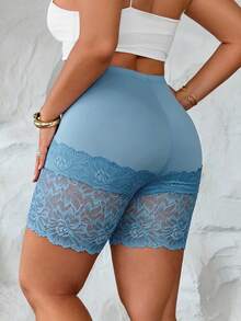 Elenzga Quần legging nữ cỡ lớn phong cách tối giản thường ngày, quần ngắn bó sát phối ren dệt kim tương phản, chất liệu mềm mại, thoải mái, thân thiện với da. - Màu xanh bụi bặm - Xem 2